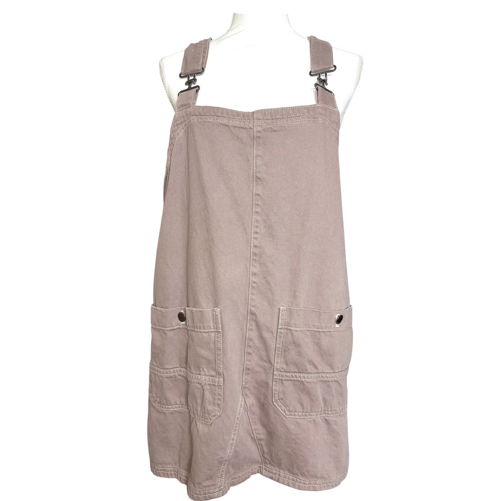Free People Taupe Brown Denim Overall Mini Dress L Utility Pockets Boho Festival